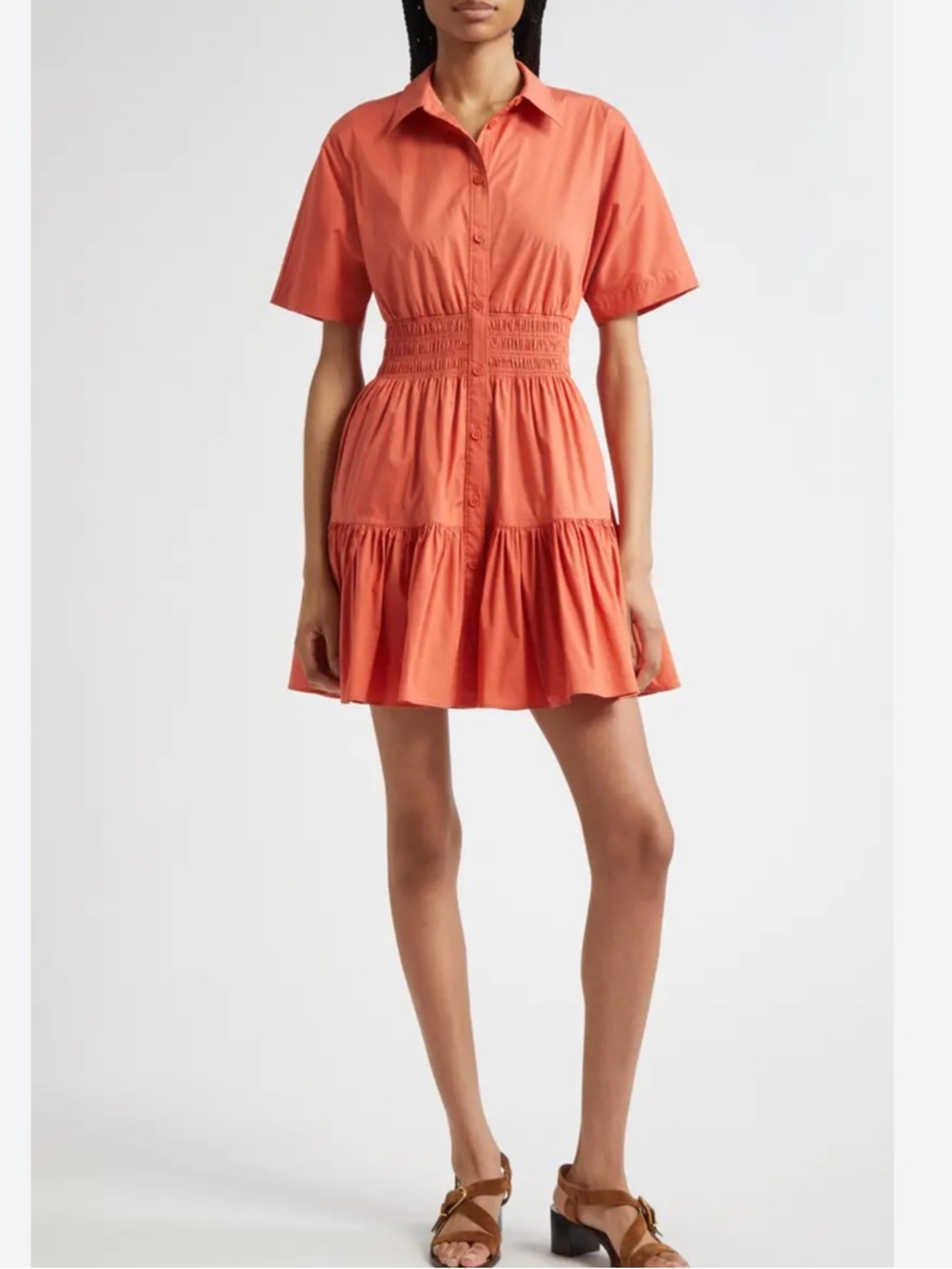 Veronica Beard Greta Smocked Waist Shirt Dress Persimmon Size 4 NWT